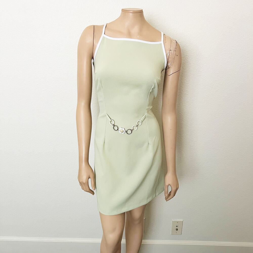 [Vintage] 90s Wrapper Green Mini Dress Daisy Belt Y2K High Neck Halter Sz Large